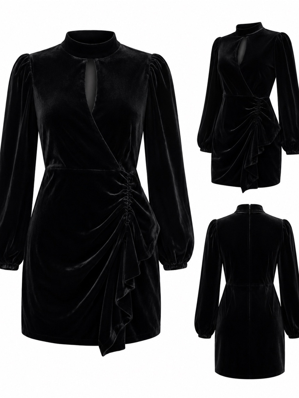 RHODE Black Velvet Long-Sleeve Keyhole Wrap Mini Dress - Picture 2 of 6